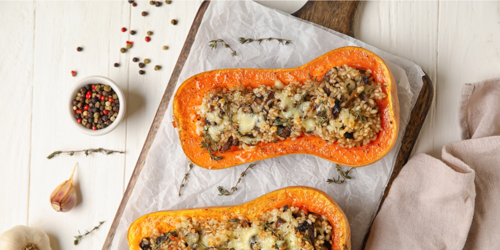 Visuel de courge rôtie au chèvre et aux champignons - article recette Courge butternut gratinée par Tuttinutri LMP Santé